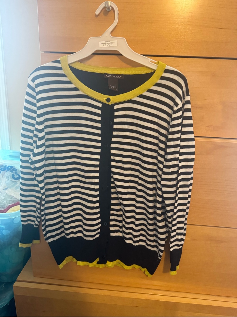 Elliott Lauren Navy & White Striped Women's Cardigan with Lime Trim